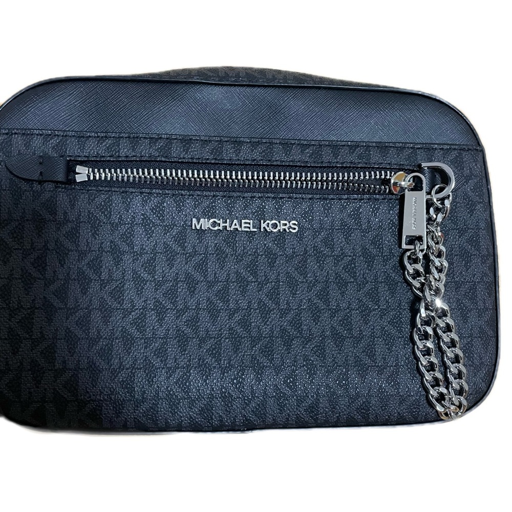 Michael Kors Black Jet Set Large Logo Crossbody Bag Purse with Silver Hardware - Picture 3 of 5